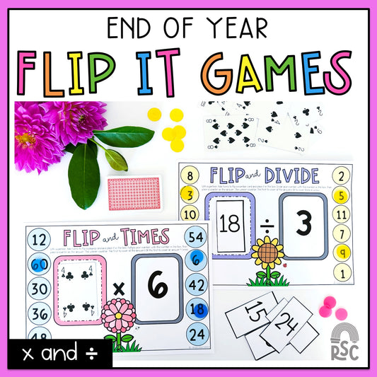 Math game set with flip cards and flowers on a colorful background