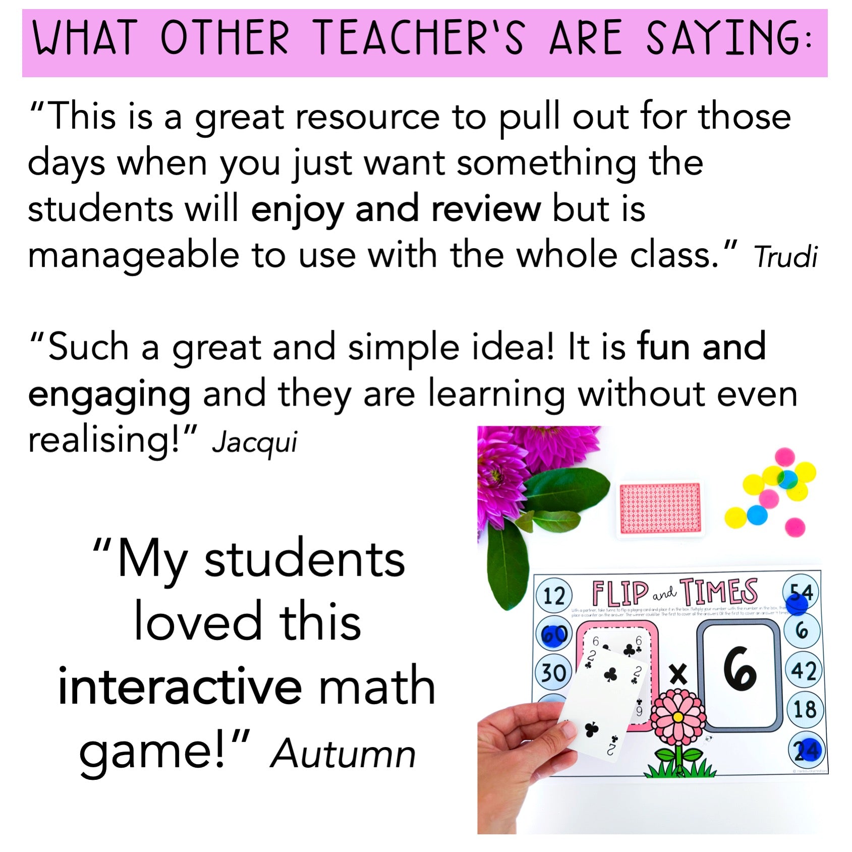 Reviews of an interactive math game with a hand holdingthe playing card game template included