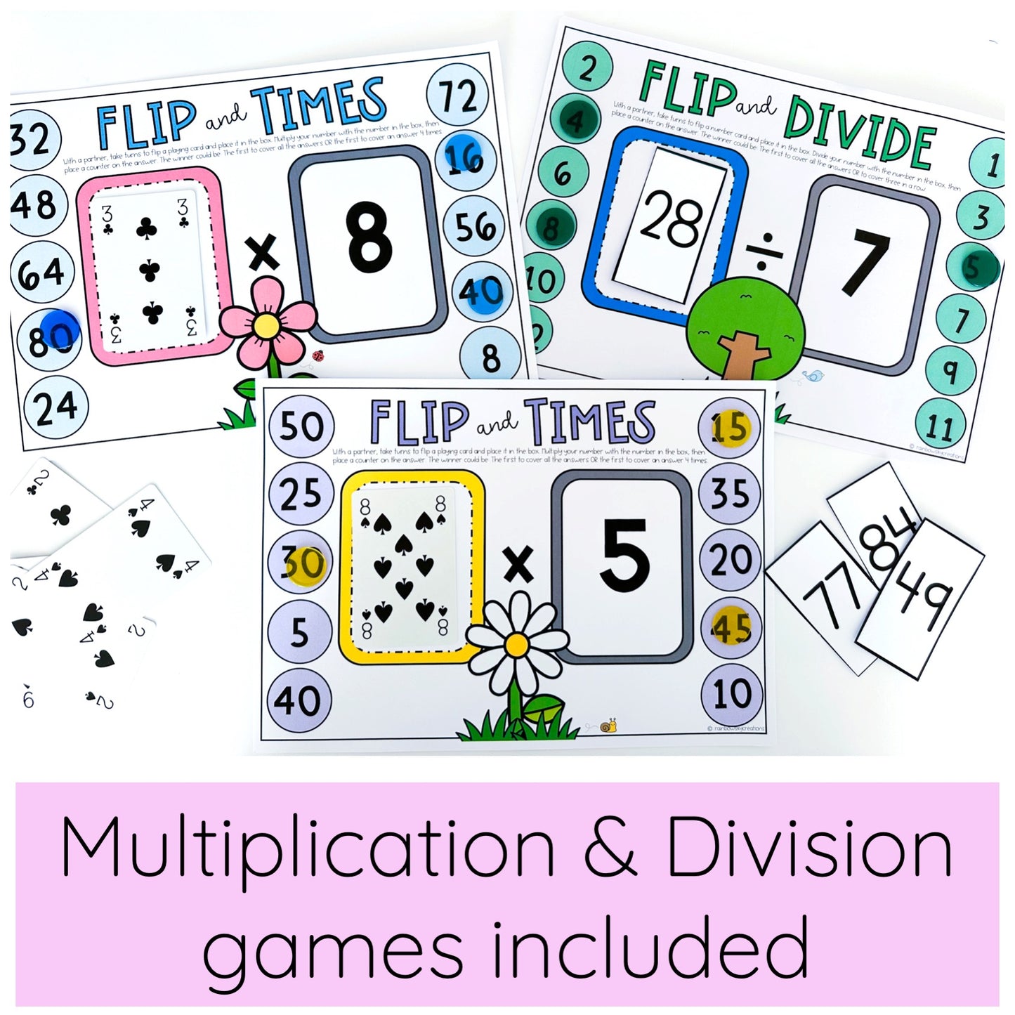 Educational multiplication and division games with playing cards on a pink background.
