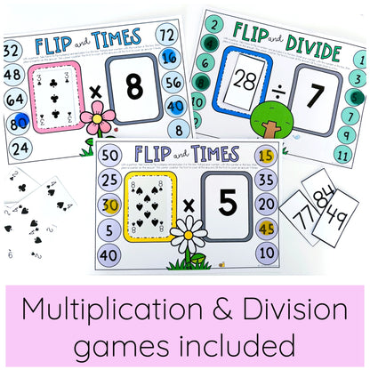 Educational multiplication and division games with playing cards on a pink background.
