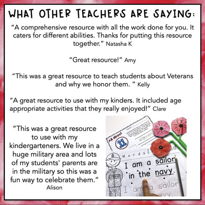 Veterans Day Activities | Reading Writing Math November | Kindergarten