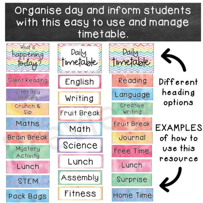 Editable Daily Timetable | Class Schedule | Watercolor Rainbow