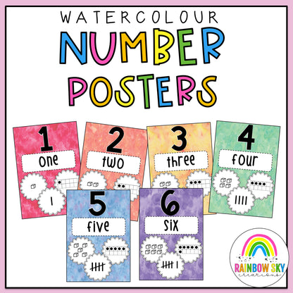 Number Posters 0-50 | Watercolour Theme