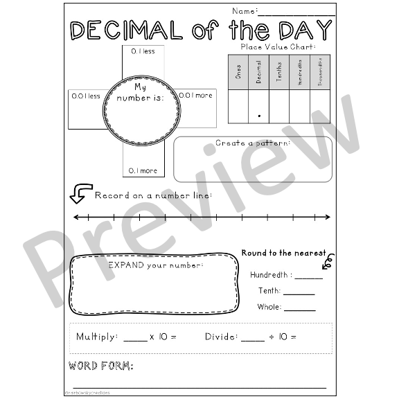 Decimal of the Day Templates | Tenths, hundredths, thousandths