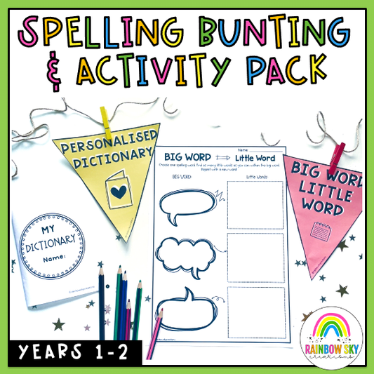 Spelling Pack | Bunting Flags & Worksheets | Years 1 - 2