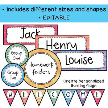 Editable Labels | Name Tags | Watercolor Rainbow Theme